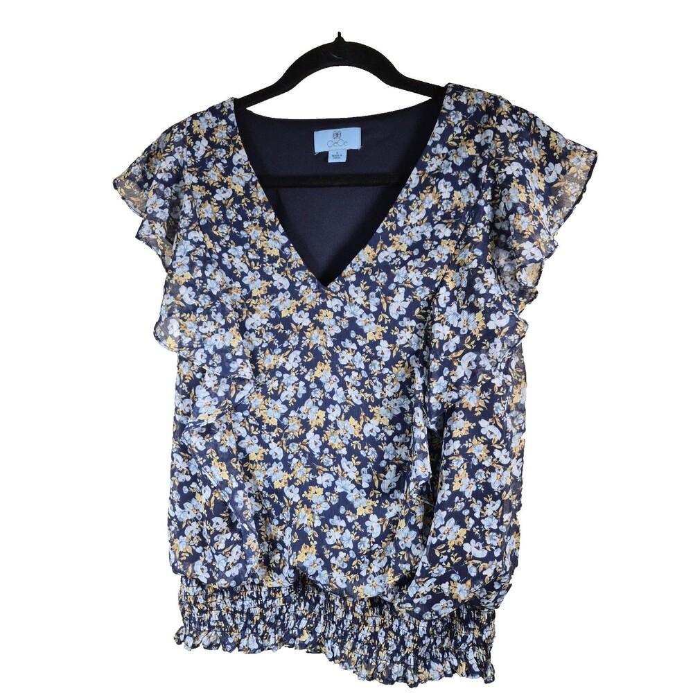 Cece Floral Print Flutter Short Sleeve Elastic Waist V-Neck Blue Top Jr Size S